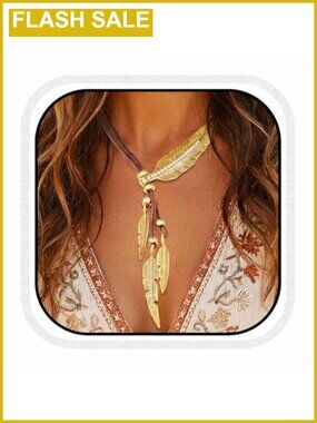 Vintage Boho Gold Tone Feather Pendant Necklace Rope Chain